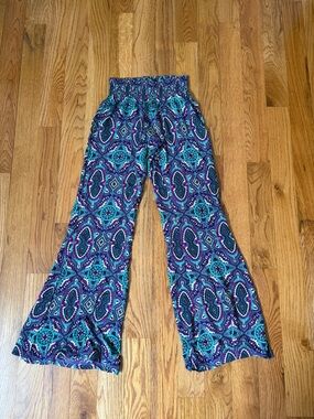 Boho Wide-Leg Printed Palazzo Pants - Teal & Purple